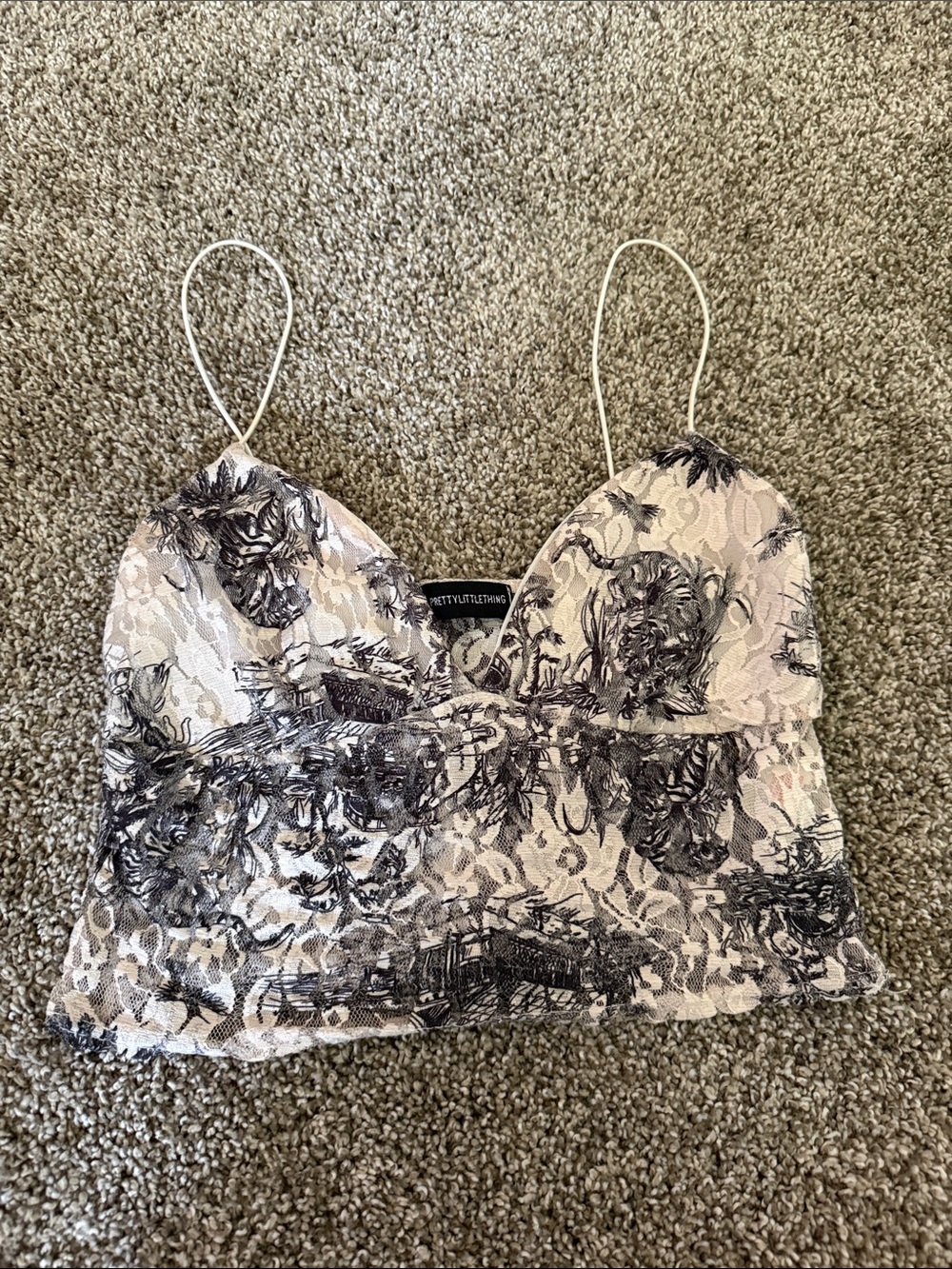 PrettyLittleThing Cropped Cream Lace Cami with Black Floral Overlay